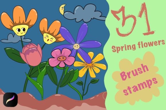 Spring Flowers: 32 Procreate Brush Stamps